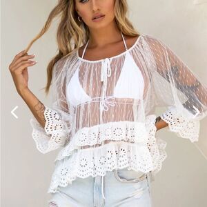 Selfie Selfie KIANA ADJUSTABLE NECKLINE TIE HAIL SPOT MESH TOP WHITE